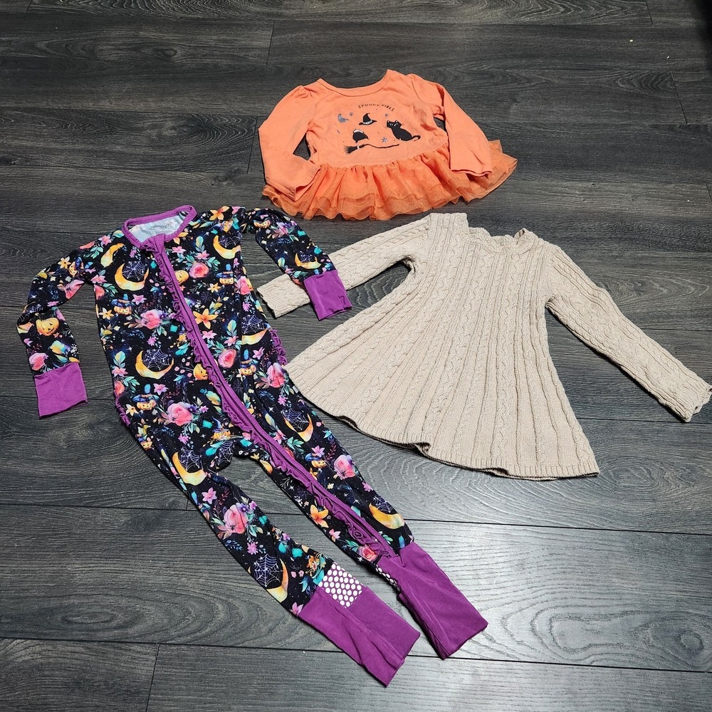 Girl Size 3t Lot Of Clothing. Sweater Dress, Bamboo Sleepers. Halloween Fall.